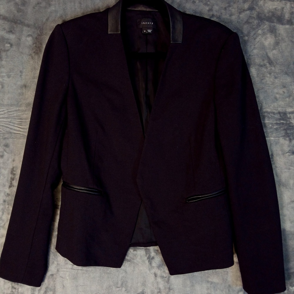 Theory Blazer Womens 12 Black Leather Lamb Trim‎ Open Front Modern Minimalist